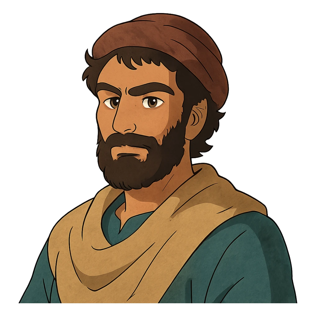 A Tajik man with medium to tall height, well-defined features, slightly curved nose, dark-brown eyes, thick eyebrows meeting above the nose, slightly wavy hair, rich brown skin, and a fuller beard sticker