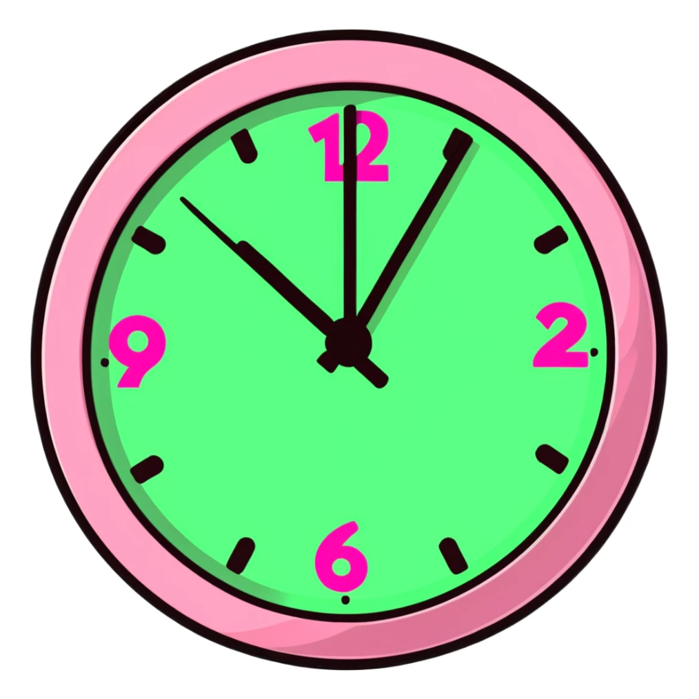 cartoon pink clock with numbers zooming away, energetic sticker