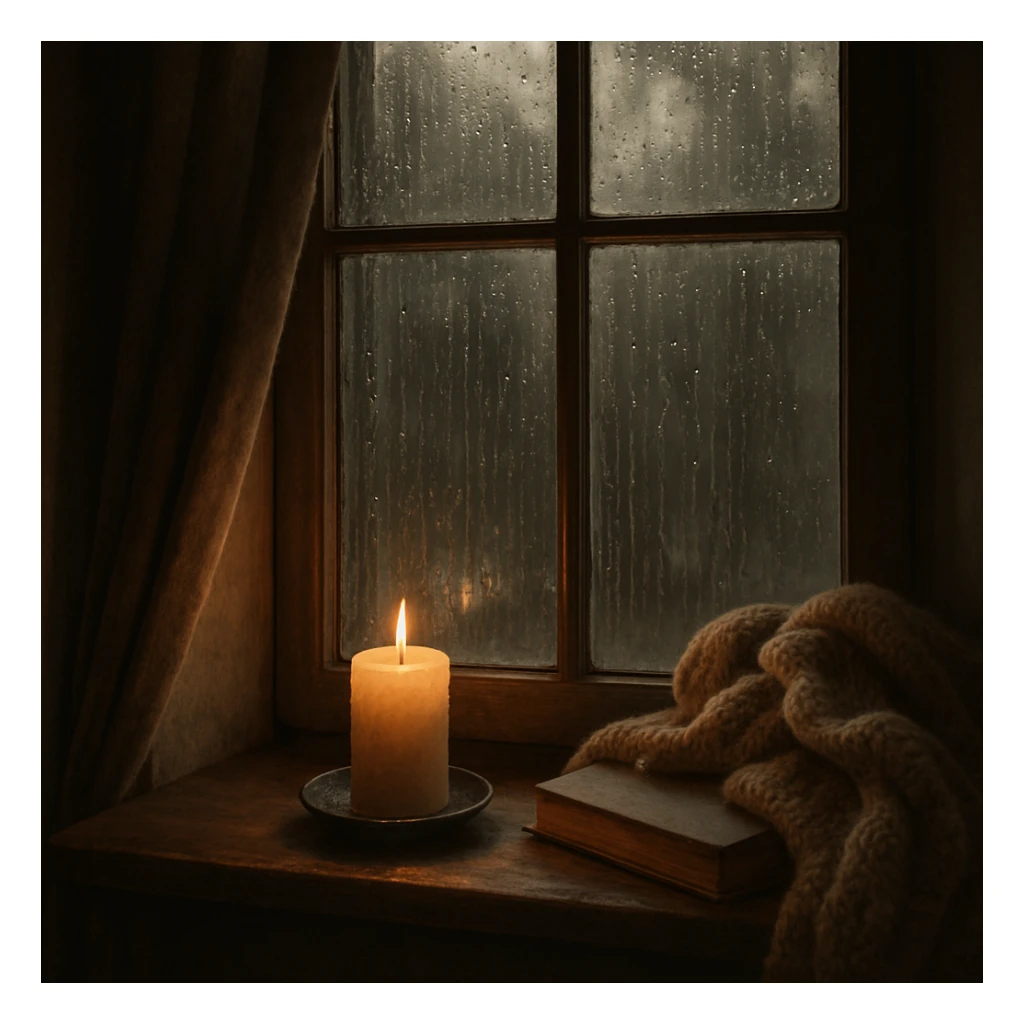 window with rain outside and a candle on the sill, cozy mood sticker