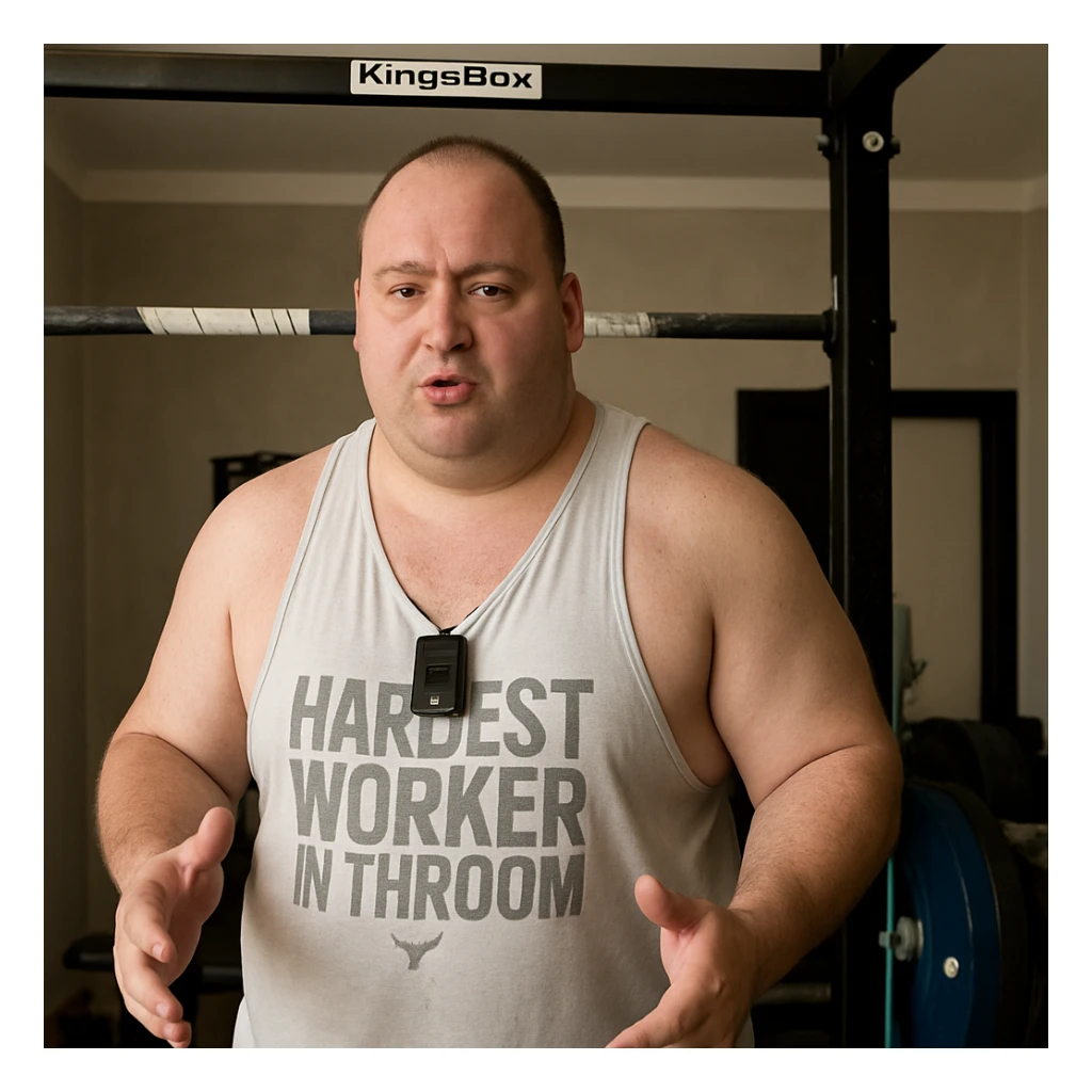 Create a realistic version of the man in the reference photo with developed musculature and body fat distributed over the entire body, maintaining the original pose. sticker