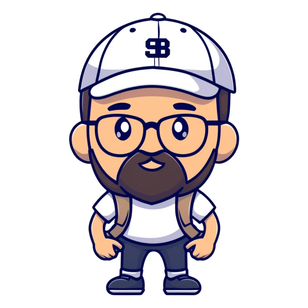 adventurer with small beard, glasses and backwards baseball cap sticker