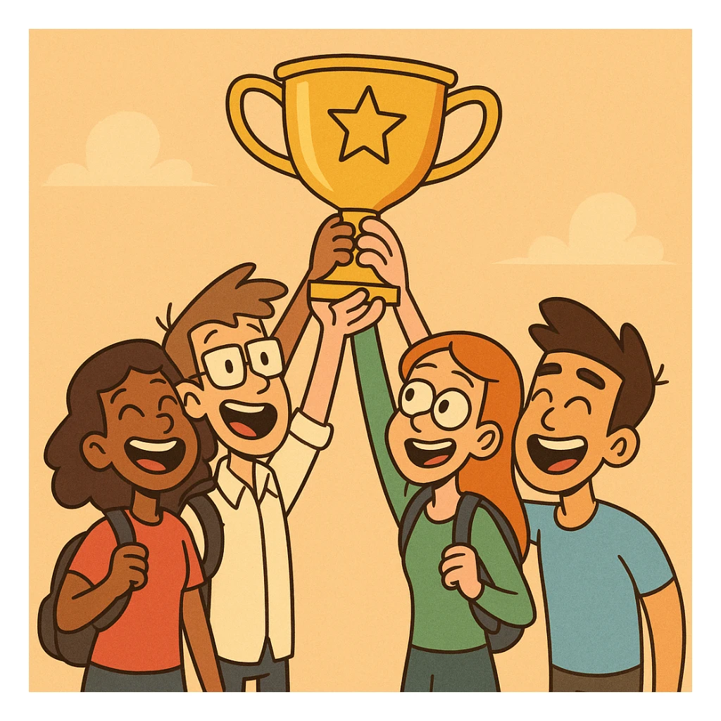 four students lifting a trophy, warm atmosphere, flat design style, pastel colors sticker