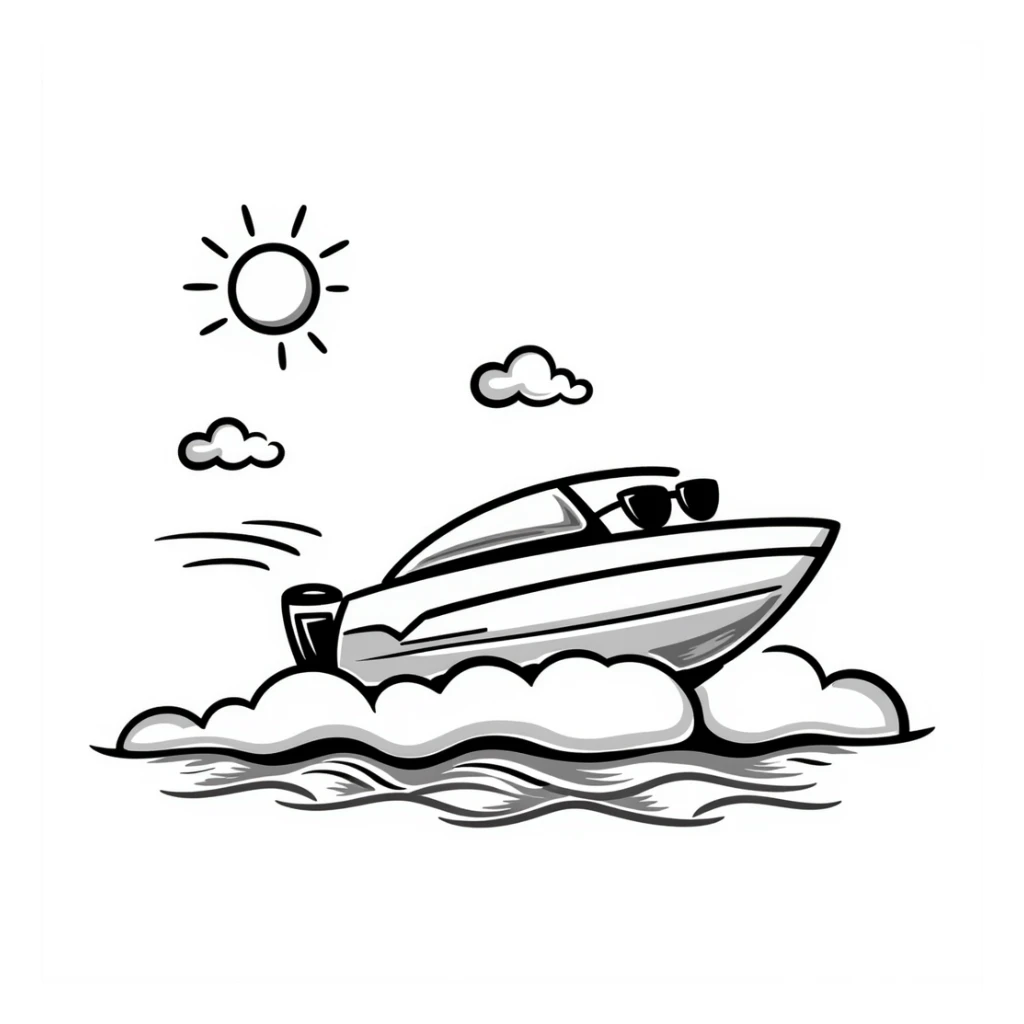 A hand-drawn speedboat with sunglasses and a cool grinning face sticker