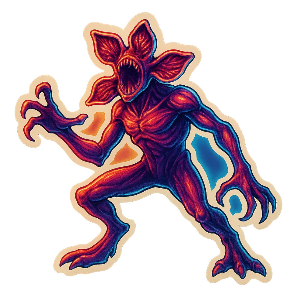 Demogorgon in a dramatic pose with glowing neon outlines, 80s retro neon style, inspired by Stranger Things series sticker