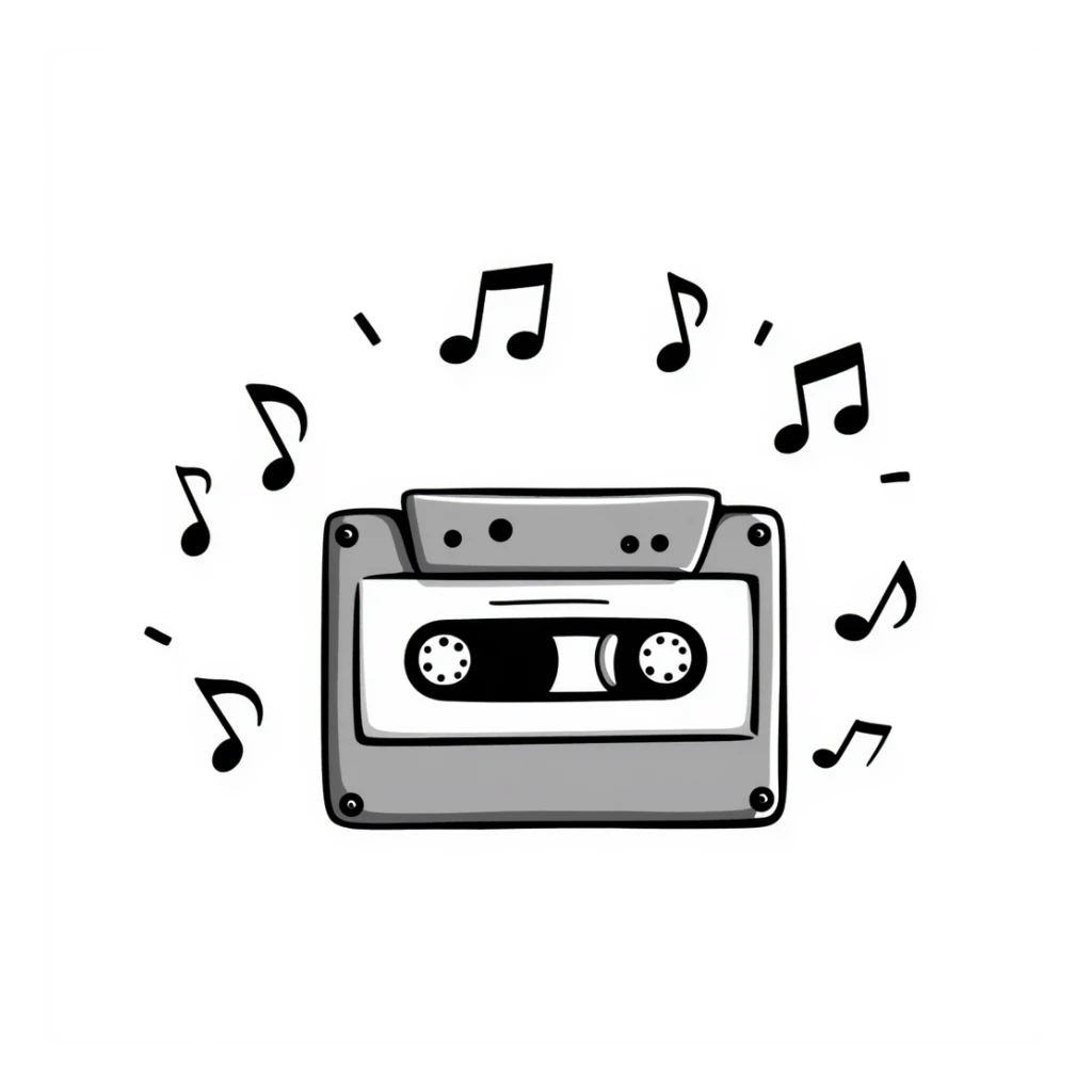 A hand-drawn cassette tape with music notes floating around it sticker