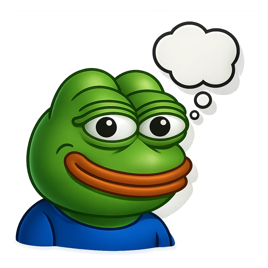 make a pepe in bright green smiling and looking straight at the camera with thought bubble looking at right right in 3d style, good highlights and shadows, drop shadows sticker