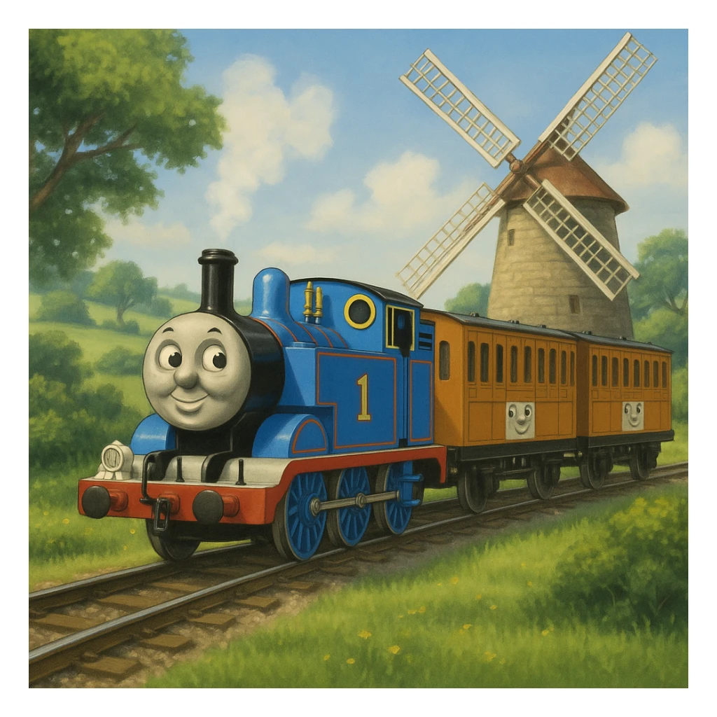 Thomas the Tank Engine with Annie and Clarabelle by a windmill, original TV series style, blue engine, two orange coaches, lush countryside, no text sticker