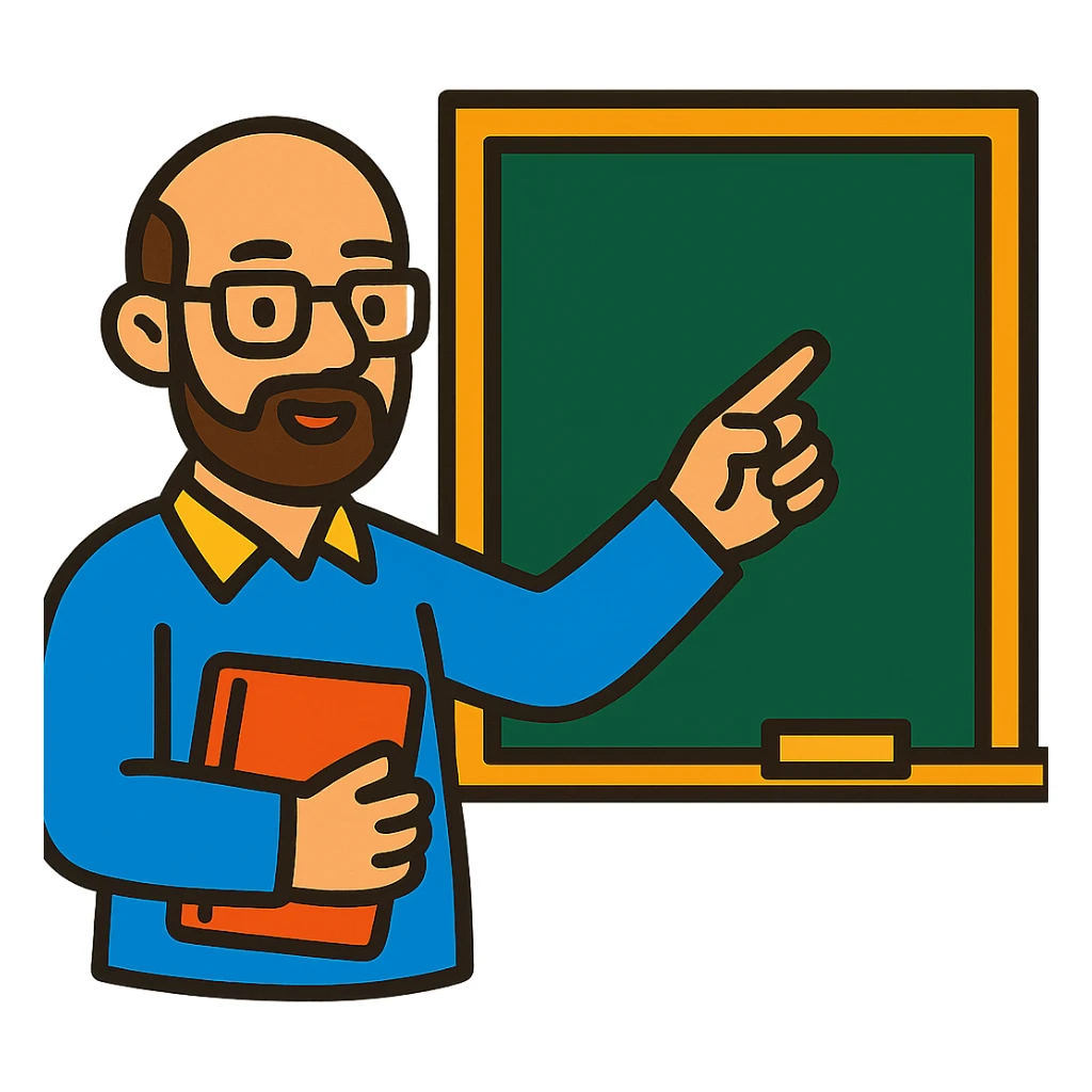 bald teacher with a short beard and glasses pointing at a chalkboard sticker
