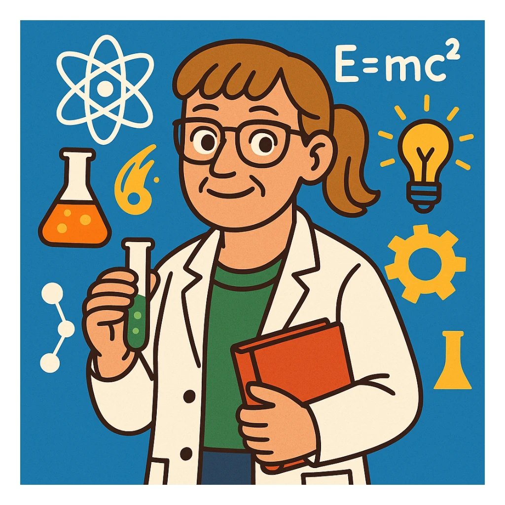 middle-aged science teacher, light brown hair in ponytail with bangs, brown eyes, with science symbols in background sticker