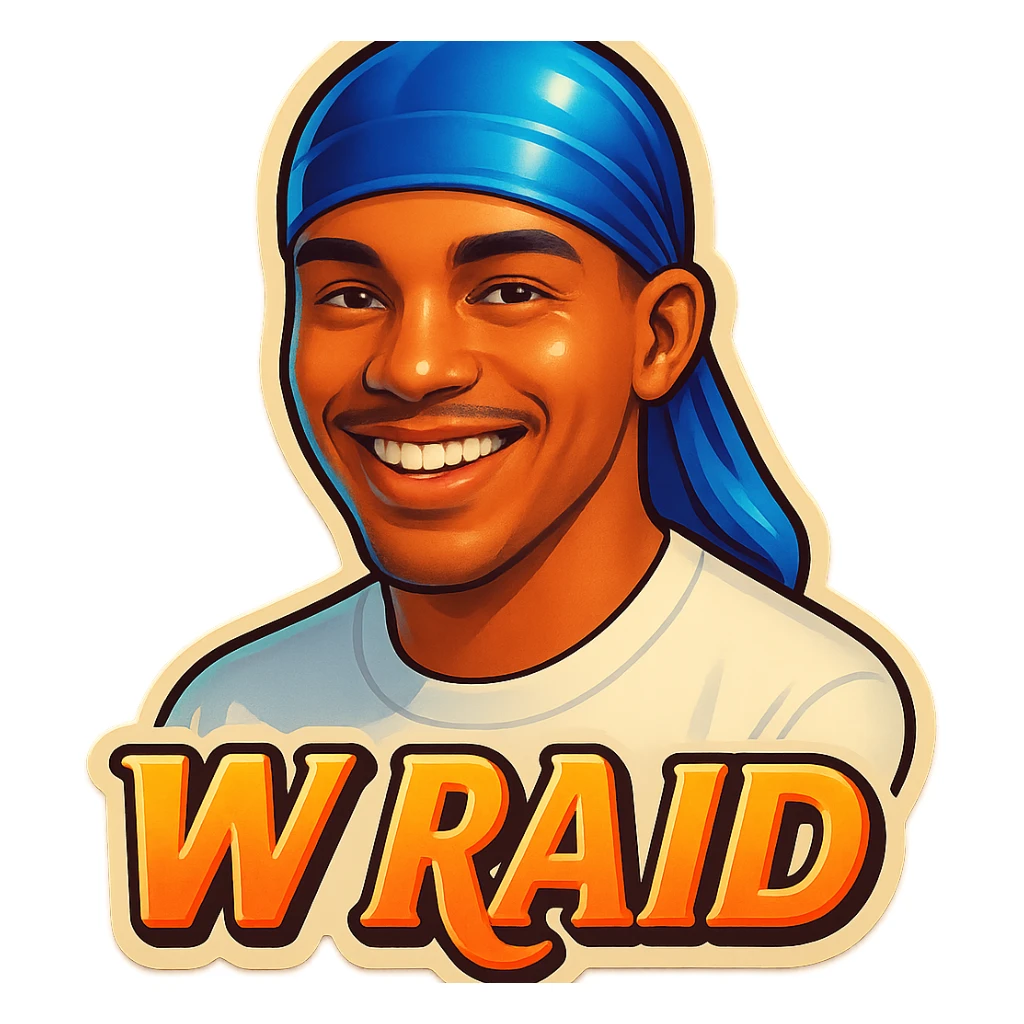 Smiling 
make his shirt white
Change His durag To BLUE
Make it say "  W Raid " sticker