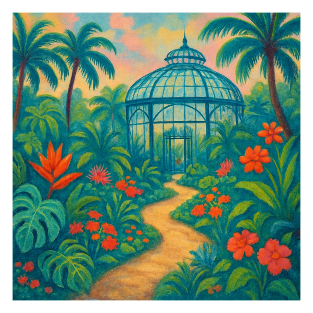 A stylized botanical garden scene with winding paths, tropical plants, and glass greenhouse sticker