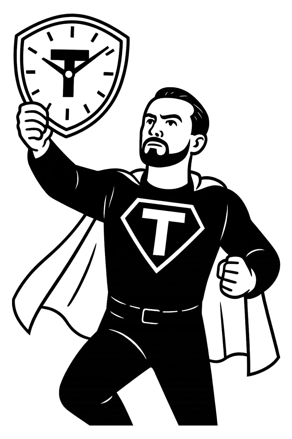Черное-белая стилистика как на картинке, на которой герой в позе Супермэна с большой буквой Т на груди несет вперед циферблат, прозрачный фон sticker