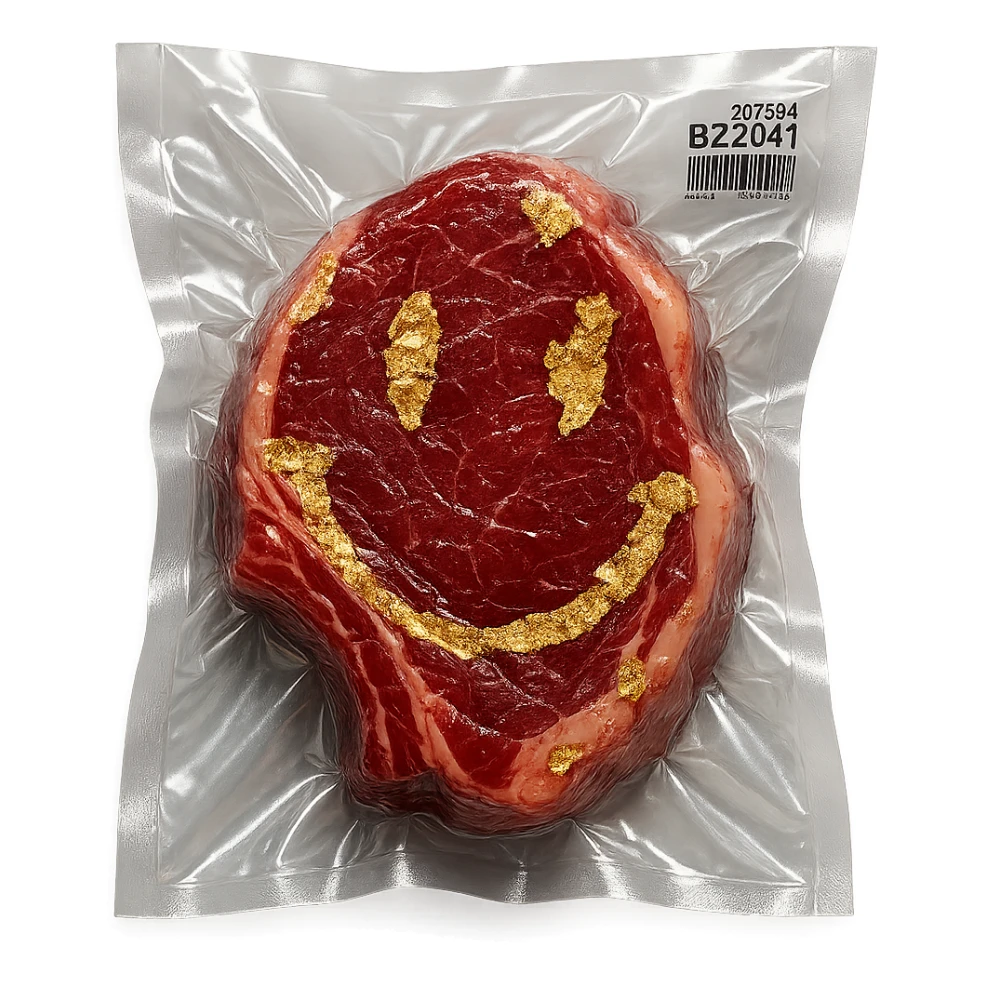 steak with gold leaf accents, glossy and inflated sticker
