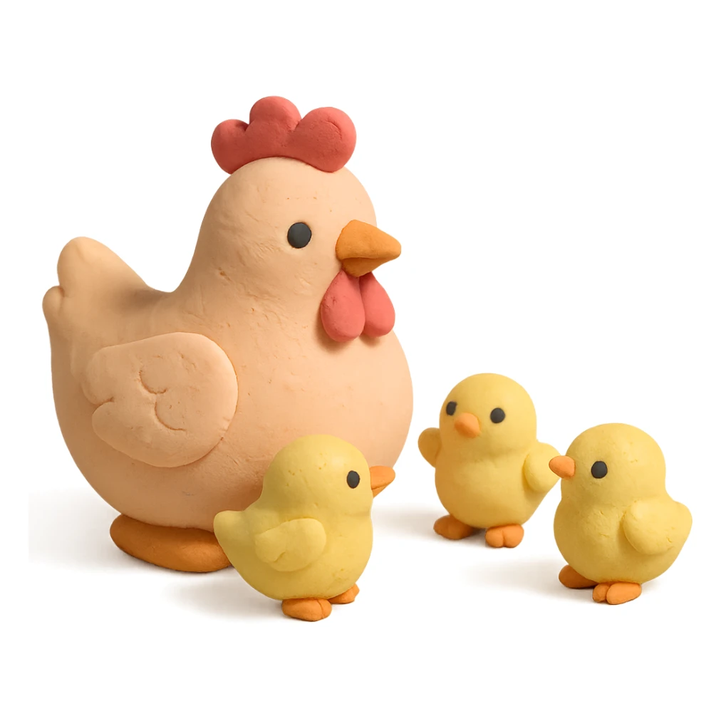 hen with baby chicks, soft pastel colors, visible fingerprints, matte plasticine look sticker