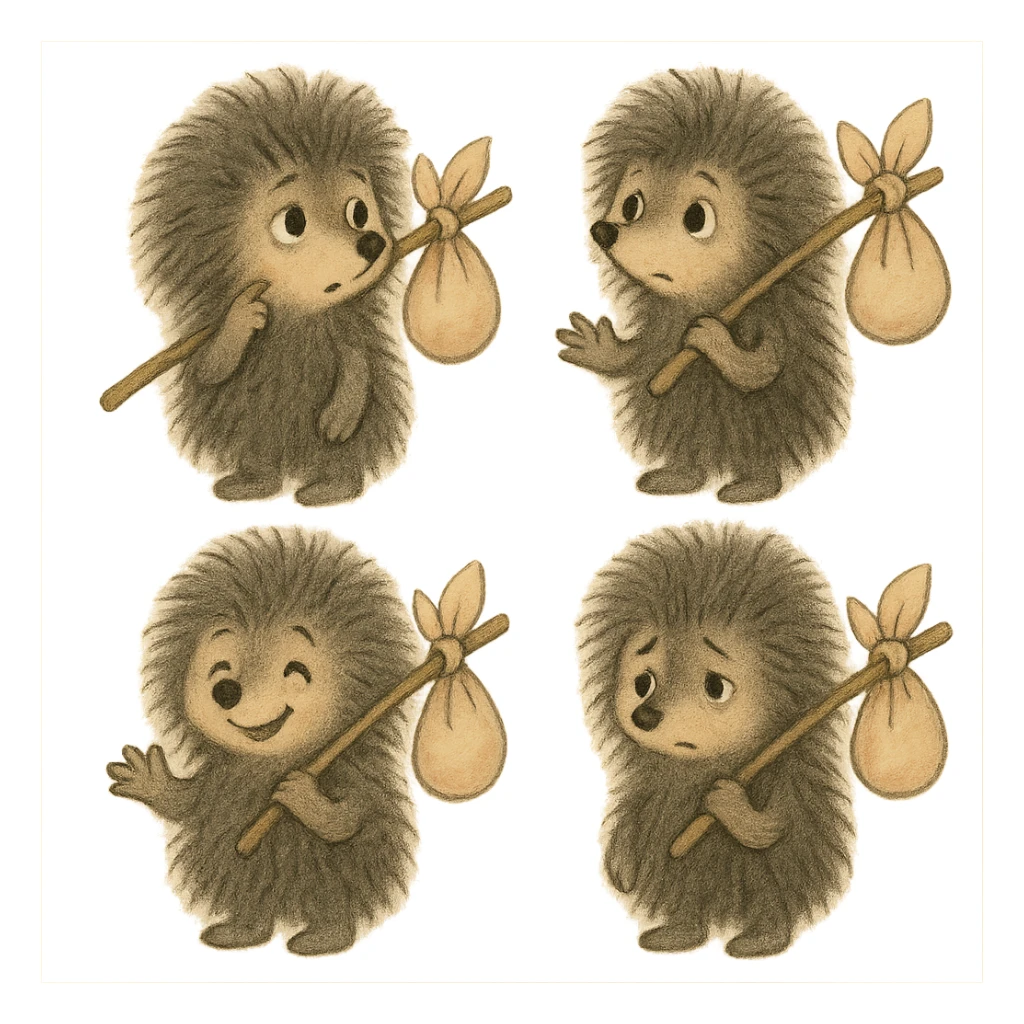 emoji set of a fluffy, thoughtful hedgehog from a Soviet cartoon, holding a bindle, in the style of Soviet animation with soft colors, transparent background, various emotions and poses sticker
