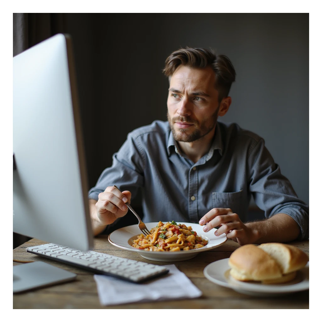 Uomo che mangia davanti al computer, piatto di pasta abbondante e pane bianco, ambiente lavorativo, testo in italiano: 'Pausa pranzo sempre di corsa'. sticker