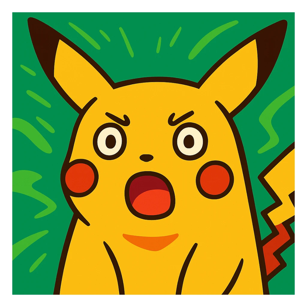 shocked Pikachu, vibrant colors, anime style, exaggerated surprise, green background sticker
