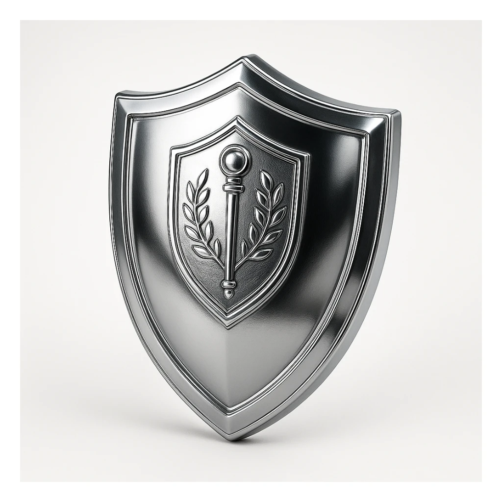 a chrome shield with a staff emblem, symbolizing protection, unity, and the best qualities of the staff team sticker