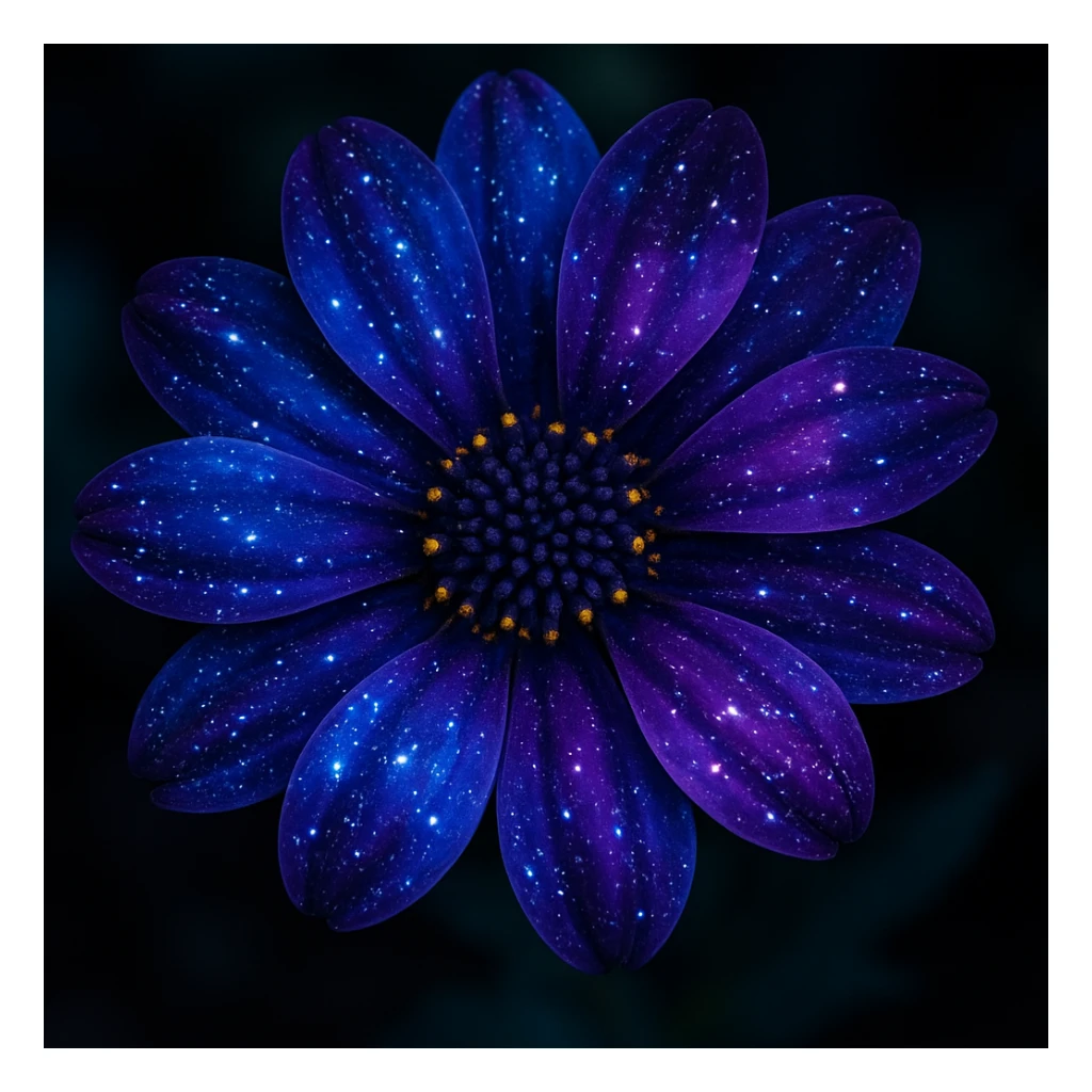 a vibrant flower with petals resembling a galaxy, deep blues and purples, scattered stardust, ethereal look sticker