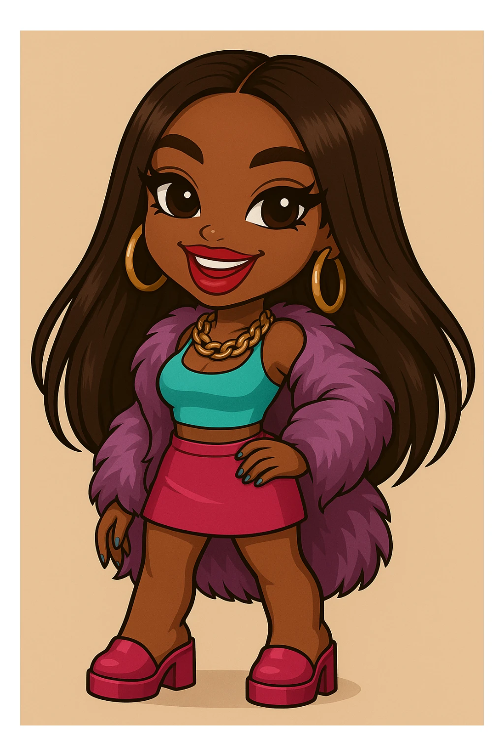 Change her expression to happy, keep her as a 20-year-old anime Bratz style woman with dark skin, dark hair, glamorous evening wear, big expressive eyes, and glossy lips. No tears. Maintain the anime Bratz style look. sticker