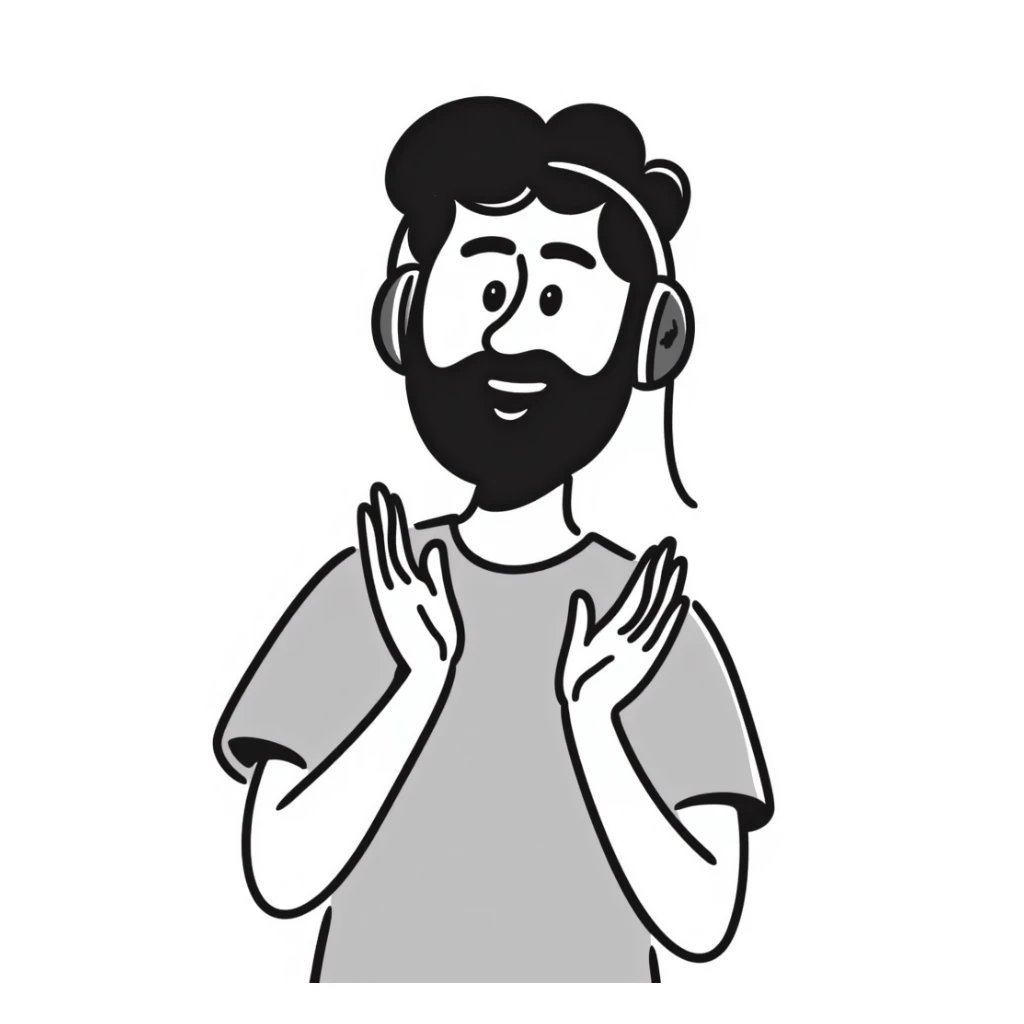 Man with black hair, brown eyes, and black beard wearing gaming headset clapping hands in celebration sticker
