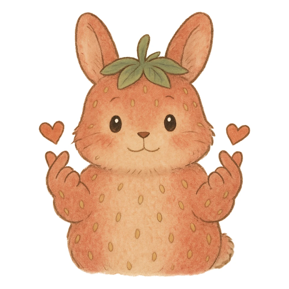 strawberry bunny making finger hearts, soft ghibli style sticker