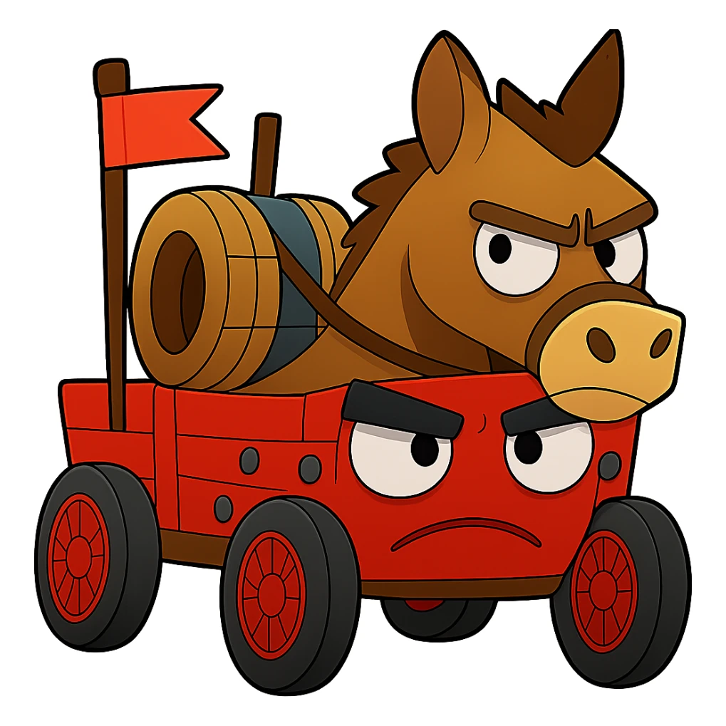 Reduce the file size of the emoji image as much as possible while keeping the transparent background. Maintain clarity and recognizability of the silly angry donkey and wagon, ensuring the image remains clear and distinct despite compression. sticker