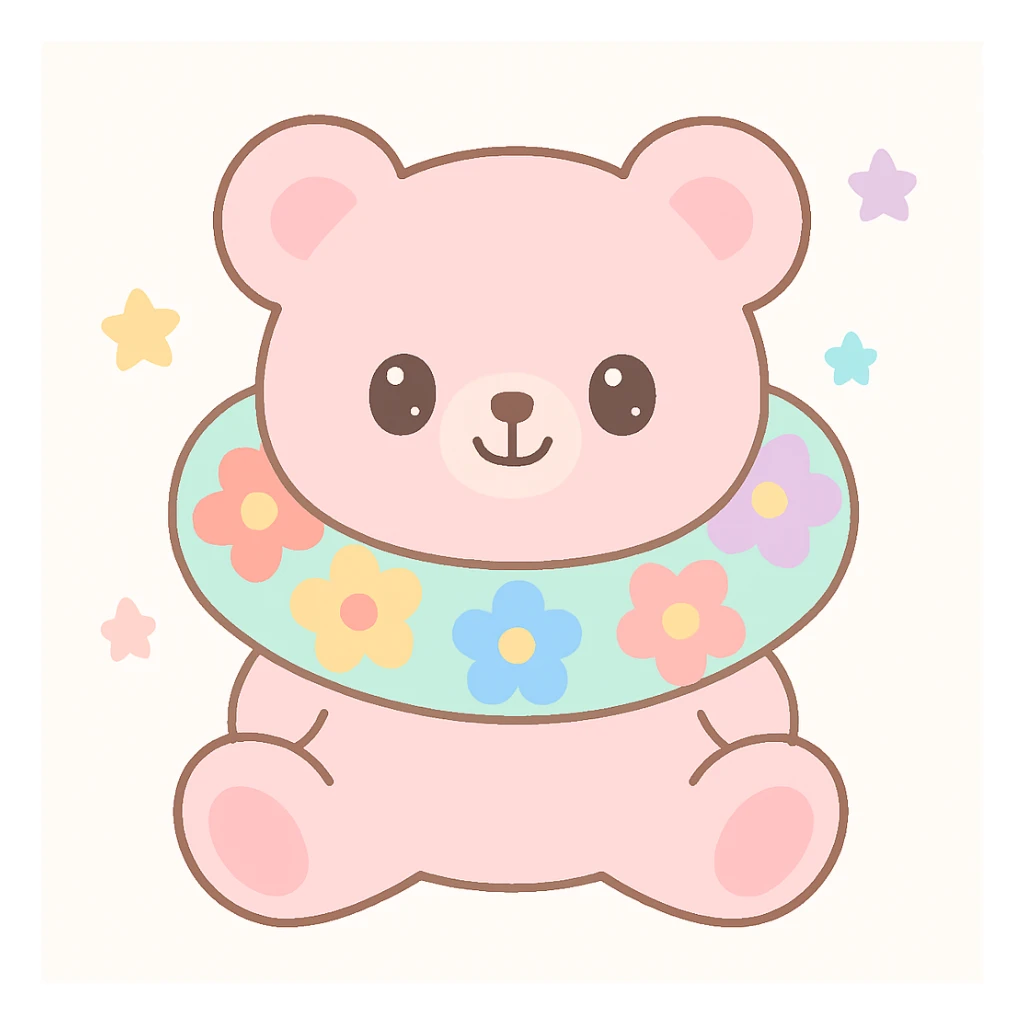 pink teddy bear, floral neck pillow with bright flowers, playful and cozy, plain background sticker