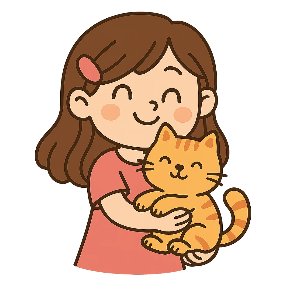 a girl holding a cat in a cute cartoon style sticker