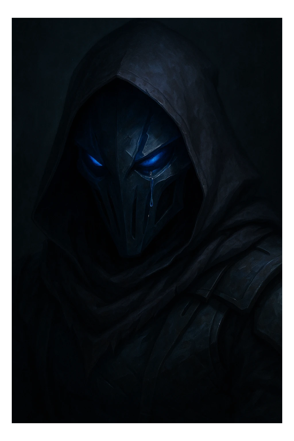 Sad Omen from Valorant, close-up, single tear, moody atmosphere, game-accurate design sticker