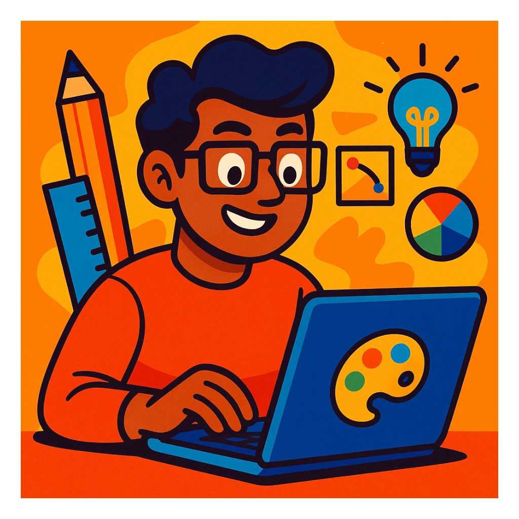 a designer with tan skin and square glasses using a laptop, vibrant cartoon style sticker