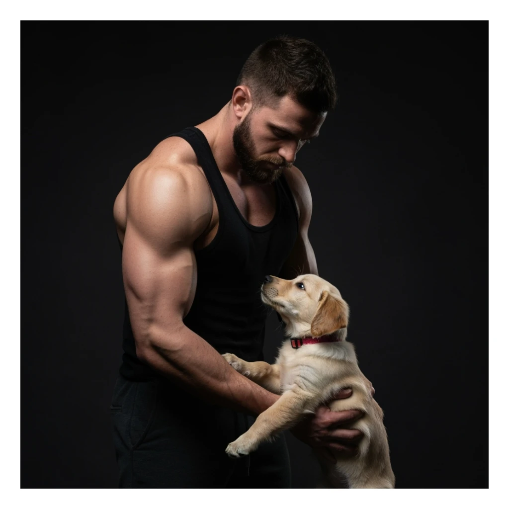 Photo of a musculated man holding puppy golden retriver, low key light sticker