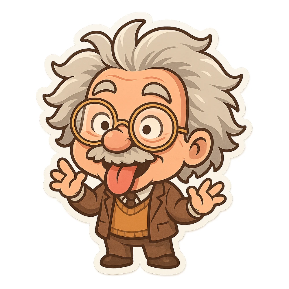 Eccentric Einstein with glasses, goofy grin, zany face, cartoon style, exaggerated playful features sticker