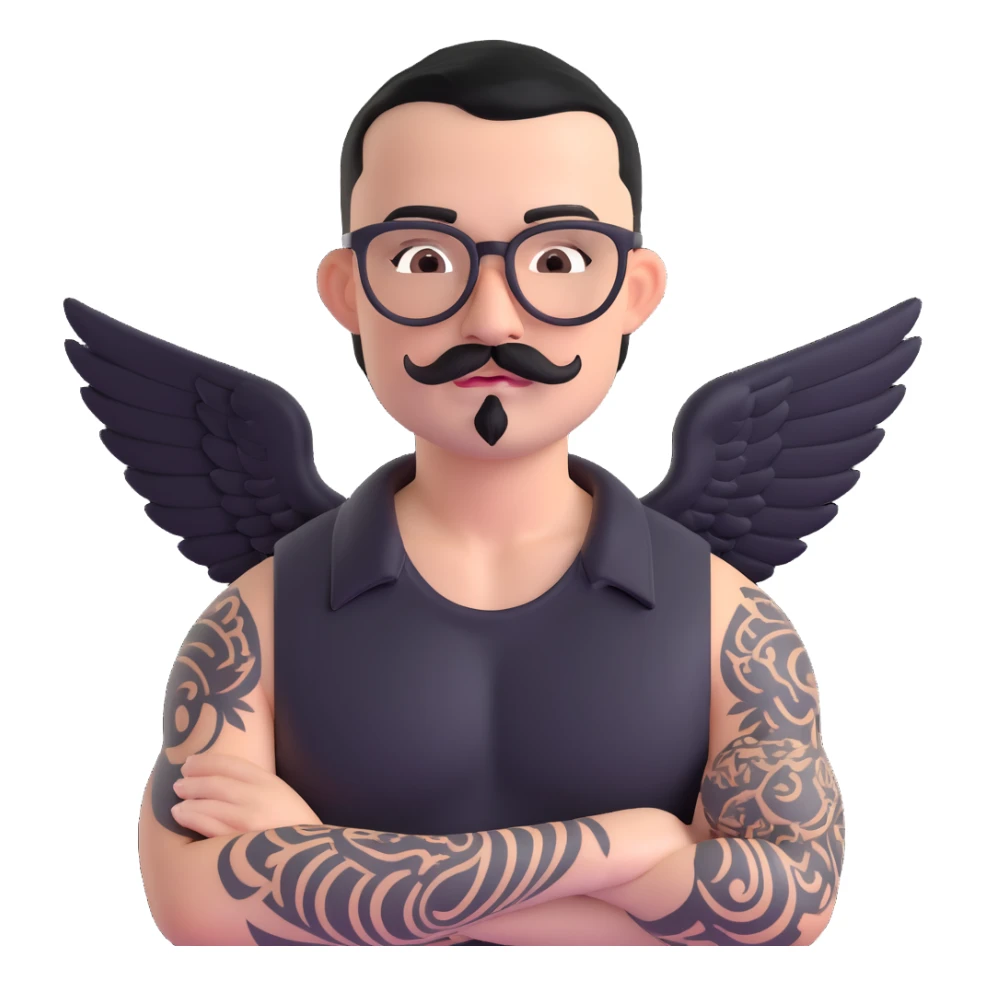 pumped up white male, glasses, buzz cut black hair, handlebar mustache black, two wings tattooed on his chest sticker