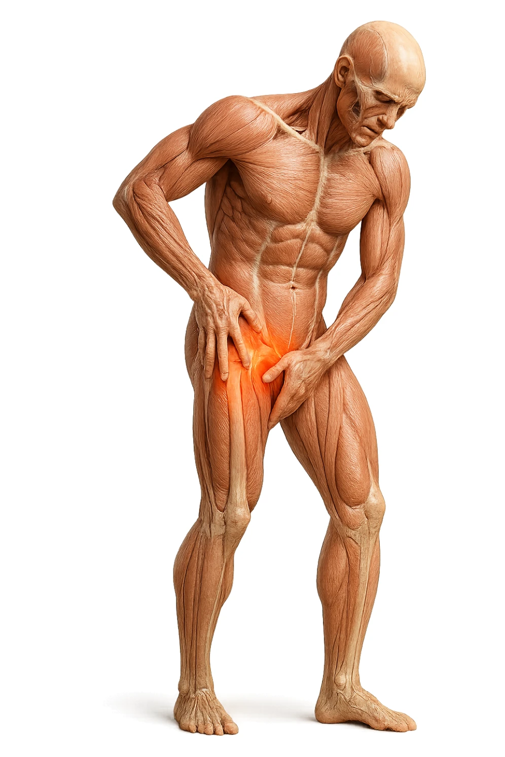 CORPO UMANO ANATOMICO A FIGURA INTERA REALISTICO CHE SI TOCCA L'ANCA INFIAMMATA, DOLORE ALL'ANCA, IPERREALISTICO 4K sticker