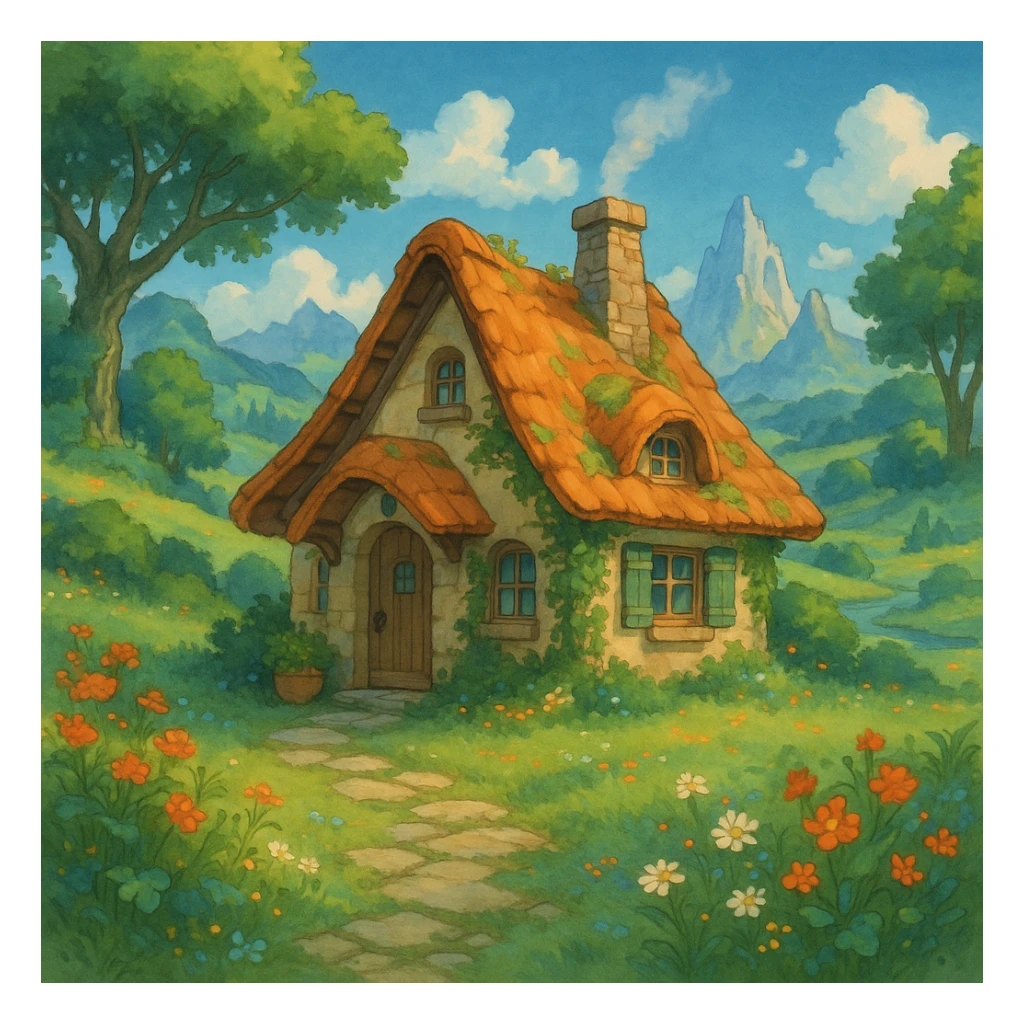 a cozy cottage in a magical landscape, Ghibli style sticker