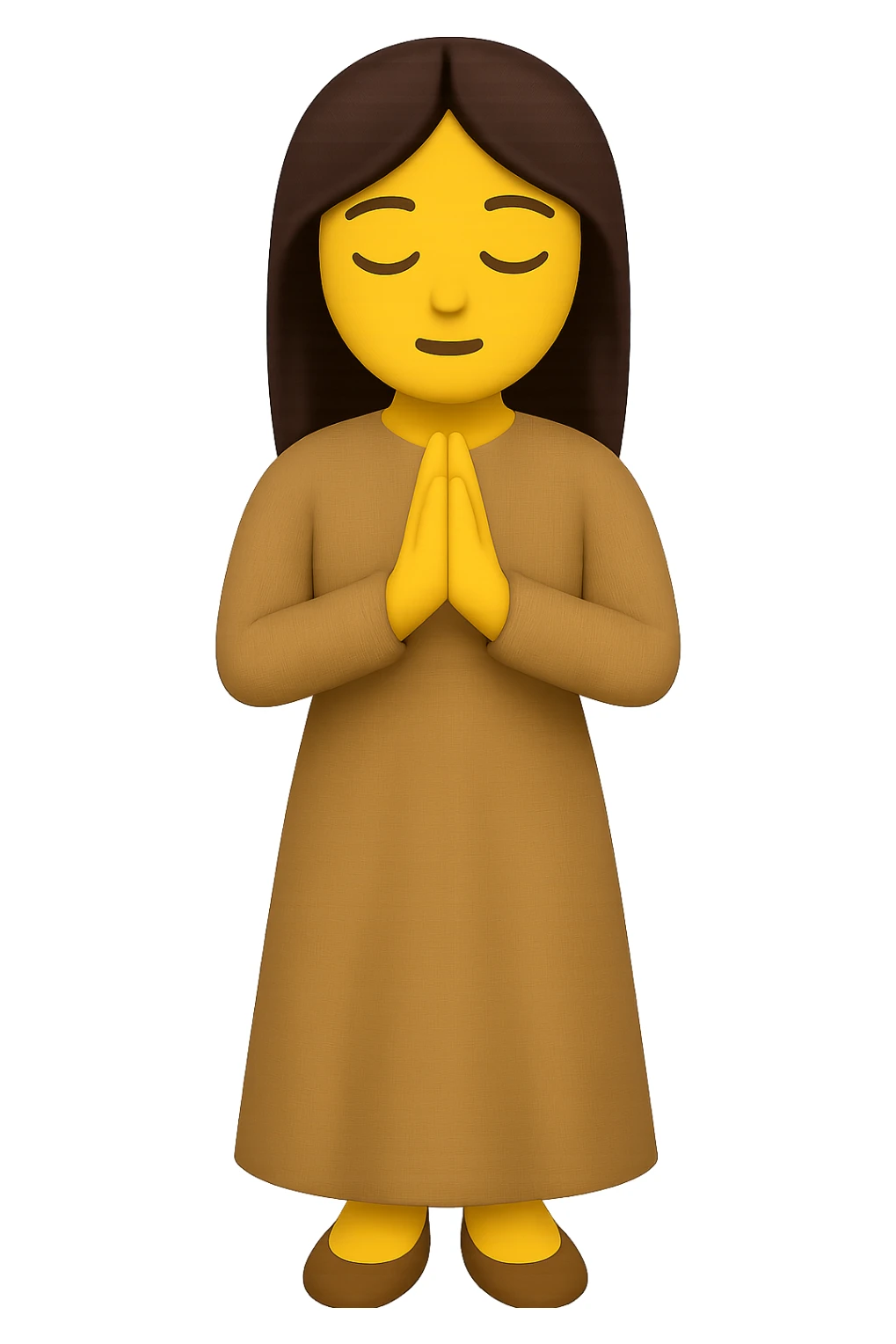 Show the woman standing and praying from the front view, wearing a long tan dress, with dark brown hair, in emoji style. Remove the background. sticker