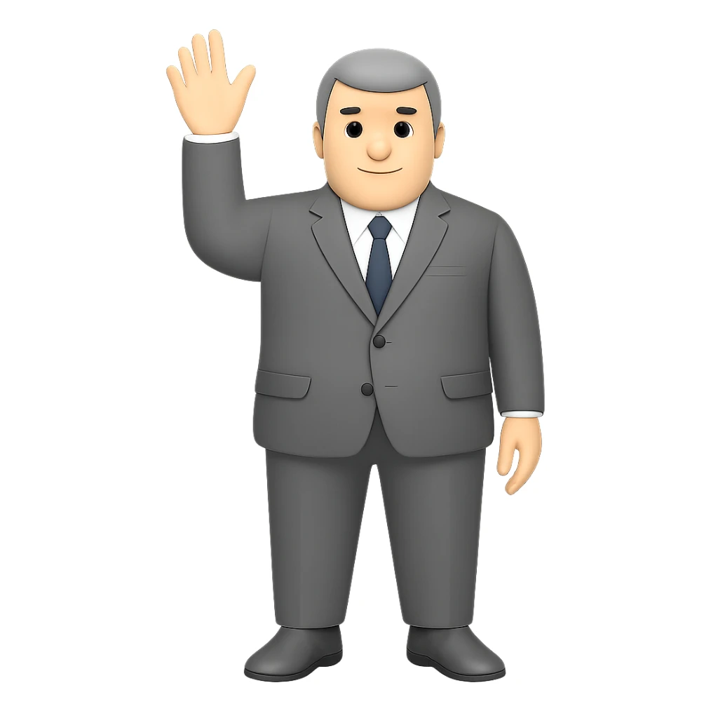 Make the white man in a gray suit and shoes with one hand raised bigger framed with broader shoulders and a more robust build, keep no background. sticker