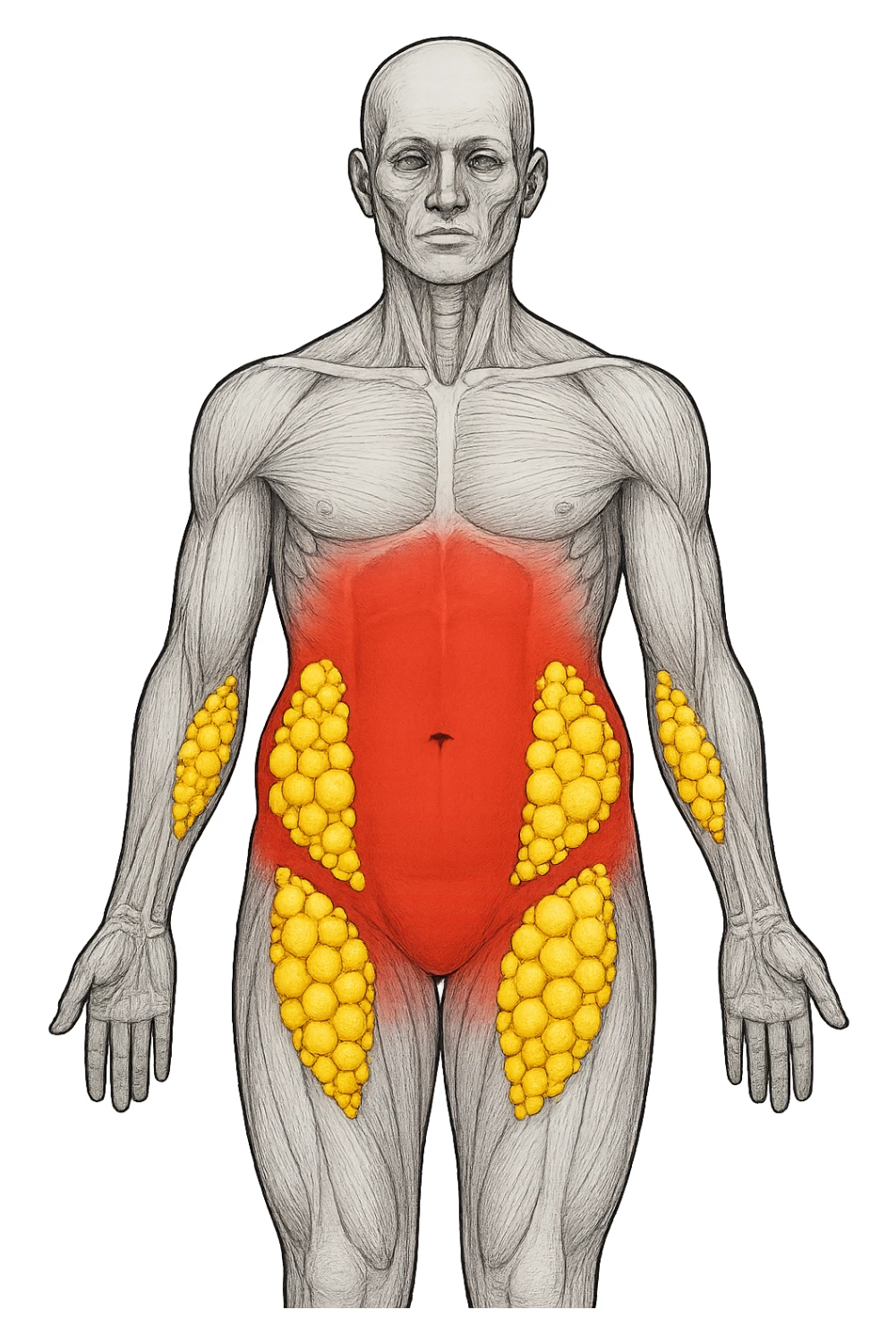 corpo umano anatomico con addome e fianchi segnati in rosso, grappoli di cellule adipose gialle su fianchi e addome sticker