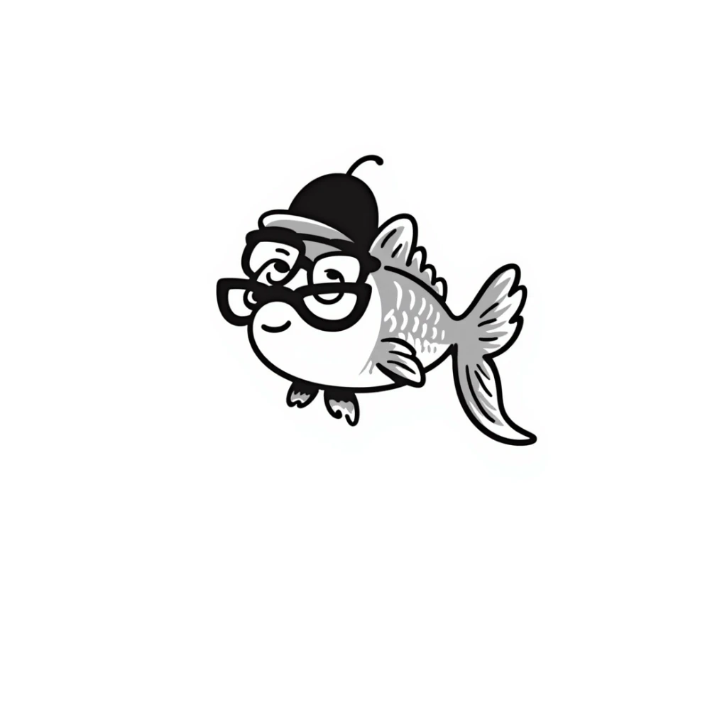 A hand-drawn goldfish with a derpy expression wearing oversized glasses sticker