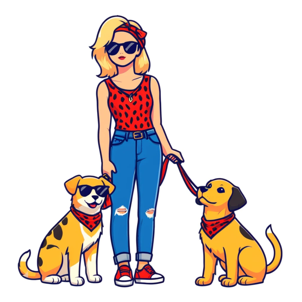 stylish woman in leopard print sleeveless top, flared jeans, sunglasses, black bag, squatting next to happy golden retriever with red bandana and blue leash, urban brick wall background, side angle sticker