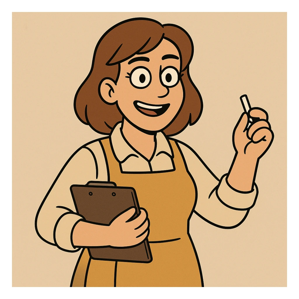 teacher with medium brown hair and brown eyes, wearing a mustard-colored apron, cartoon style sticker