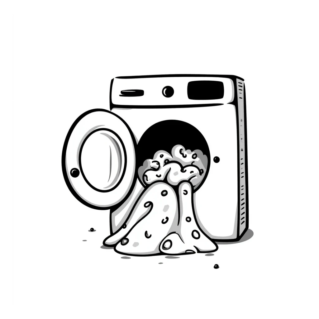 playful hand-drawn doodle of a washing machine with colorful bubbles and clothes peeking out sticker