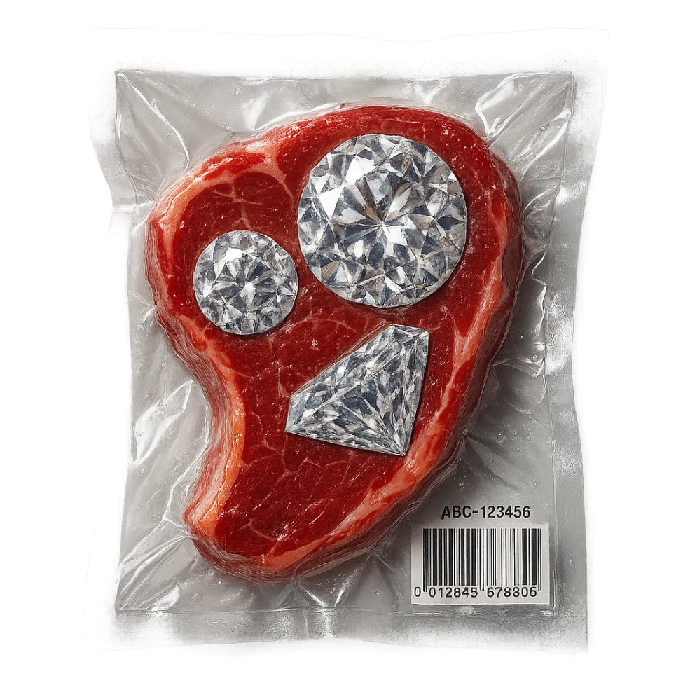 meat steak with sparkling diamond facets, glossy and puffy, vacuum-sealed style sticker