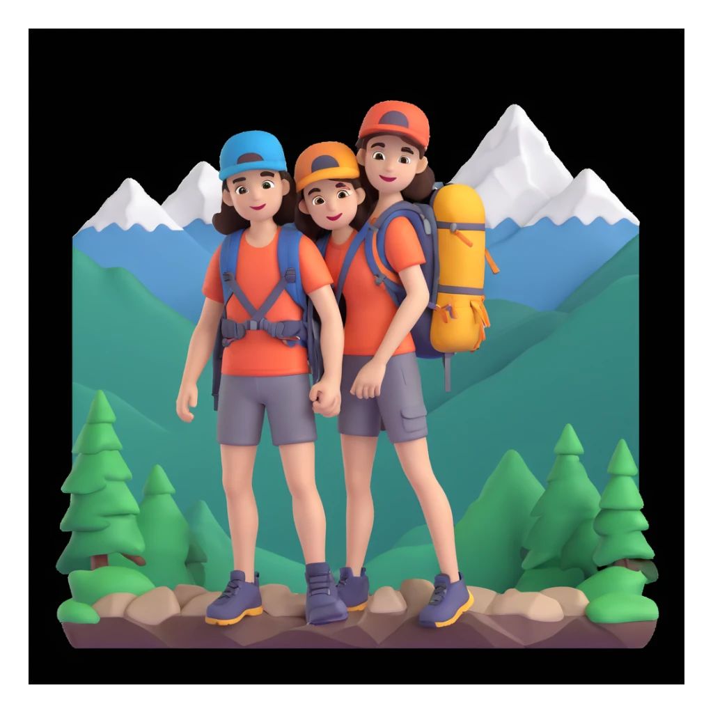 back packer couple posing, mountains in background,   close up pose sticker