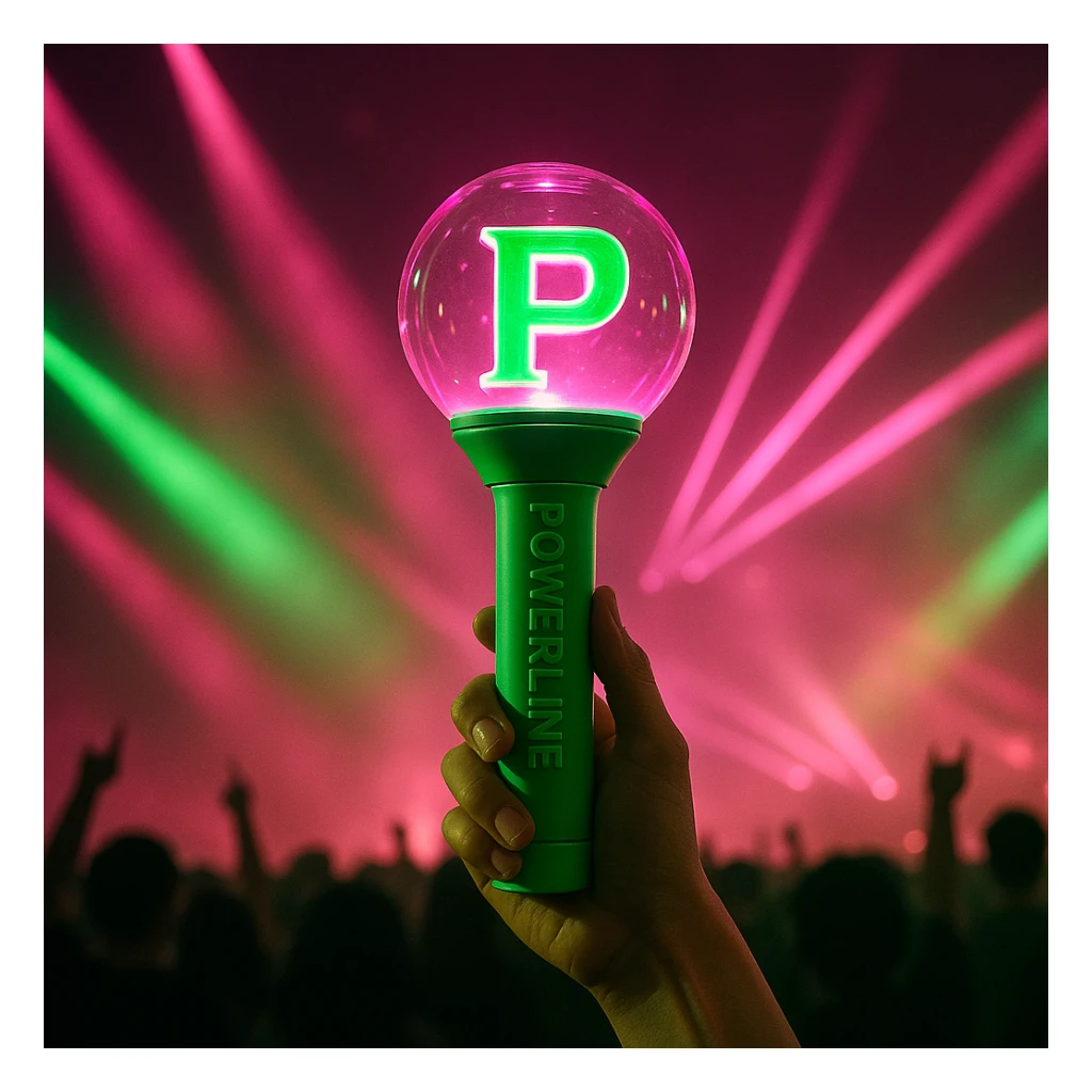 green and pink K-Pop lightstick with 'POWERLINE' on the handle, dramatic concert lighting, crowd silhouettes sticker
