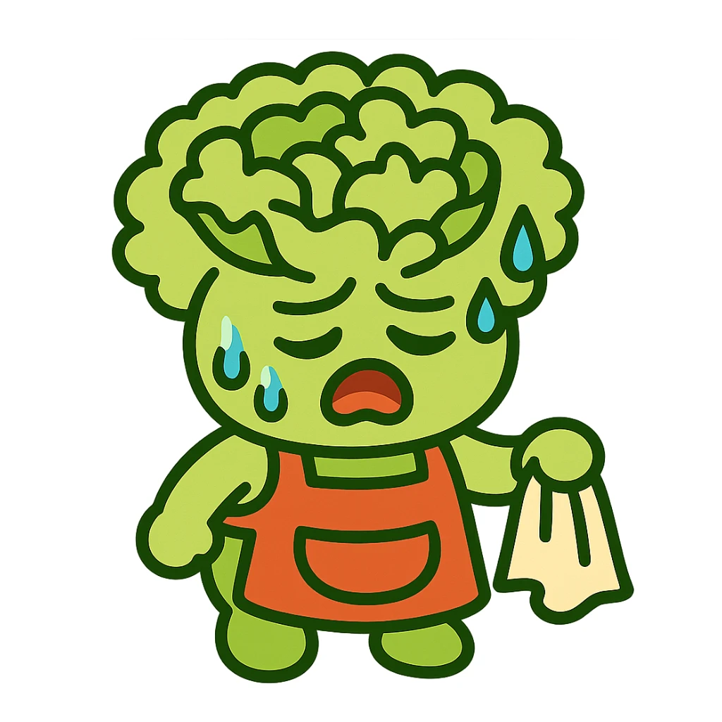 light green carnation flower with a messy apron and exhausted face, sweat dripping, holding a cleaning rag, super round chibi style, vibrant-toon style sticker