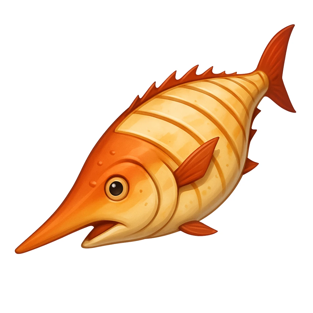 Add a prominent sword-like bill to the cooked swordfish steak, emoji style. Keep the cooked look, no garnish. sticker