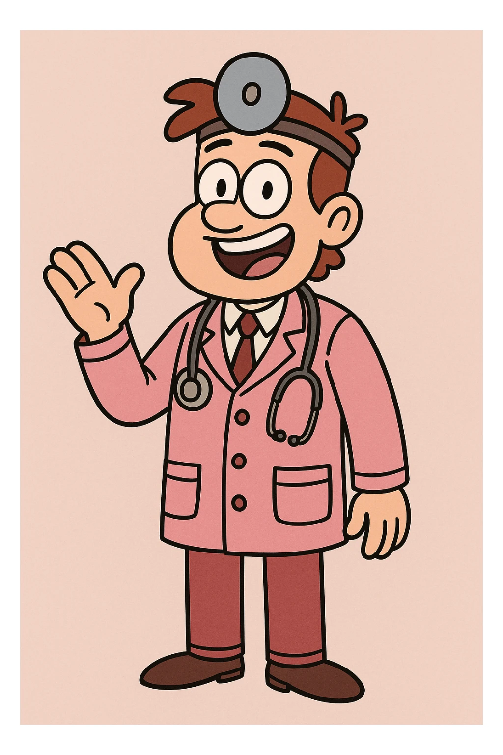 a cheerful doctor character in a pink outfit, simple background, illustration sticker