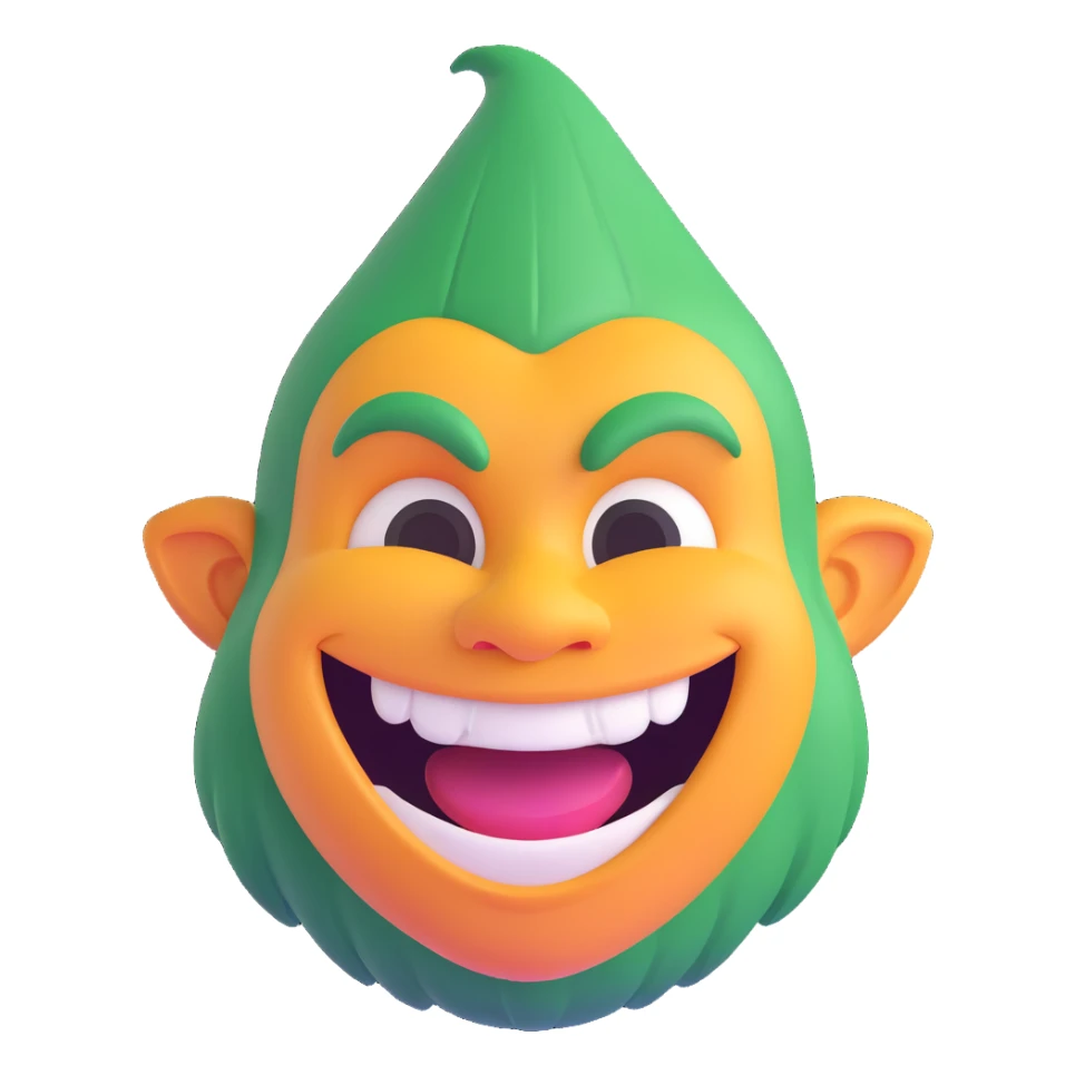 Make a tall, stretched troll face with a huge smile in a 3D emoji style inspired by the provided reference. sticker